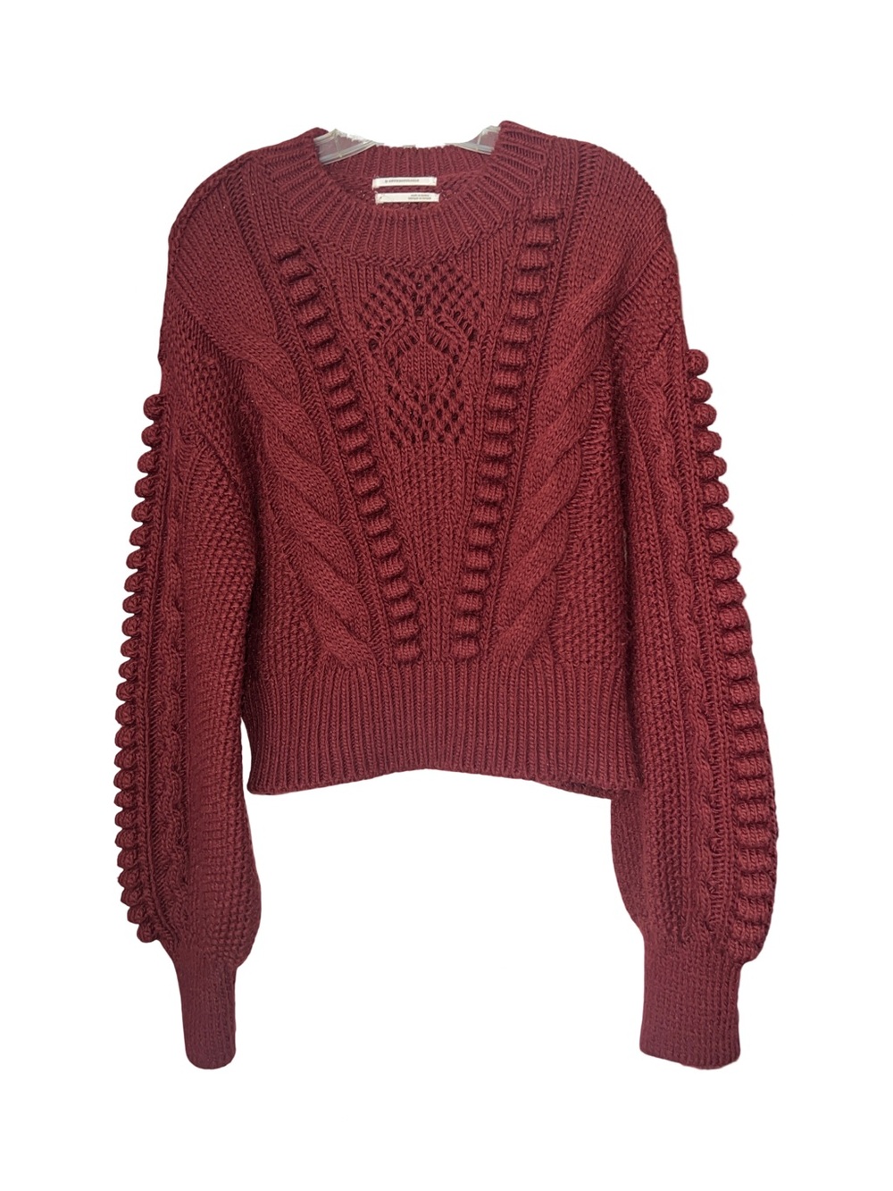Anthropologie Burgundy Cropped Cable-Knit Sweater Balloon Sleeves Medium